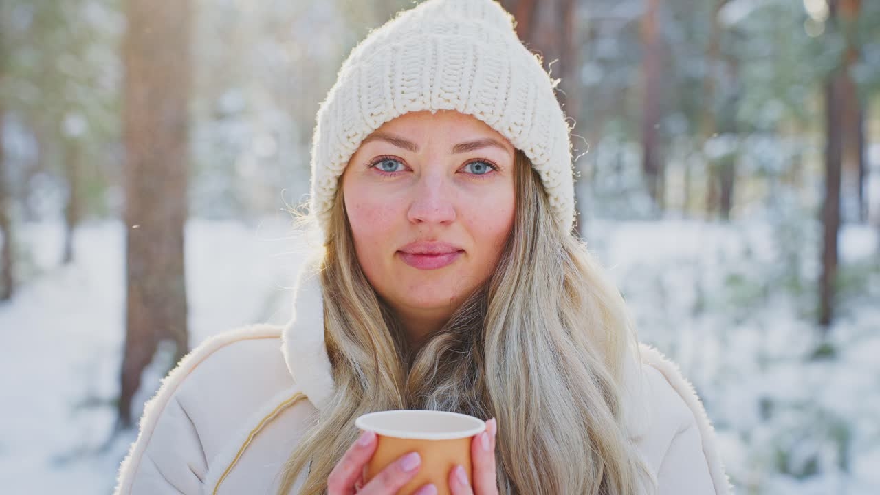 Woman enjoying a warm drink in a snowy forest