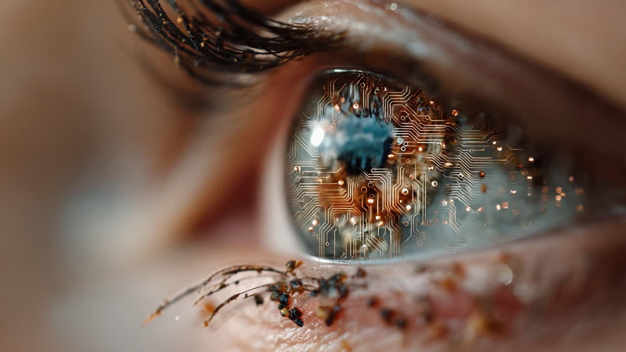 A Close-Up of a Human Eye Reflecting a Complex Circuit Design, Blurring the Line Between Natural Biology and Advanced Technology in a Stunning Visual Perspective