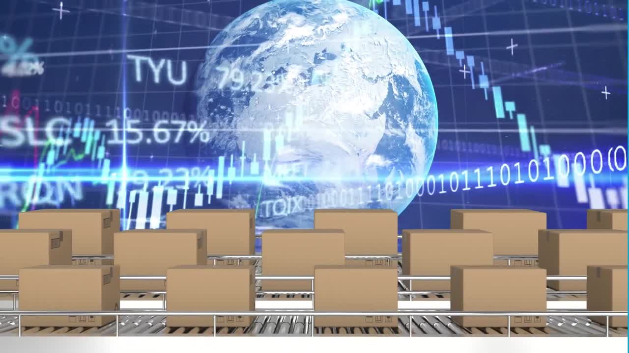 배경에 회전하는 지구 위에 컨베이어 벨트에 누워있는 카드보드 상자의 애니메이션.