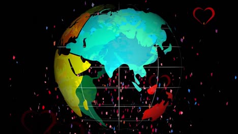 Animation-of-globe-and-confetti-with-red-hearts