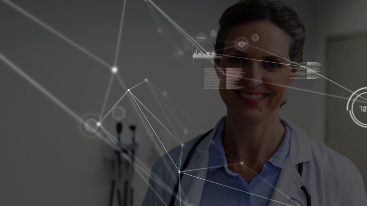 Animazione di una rete di connessioni su una dottoressa caucasica felice