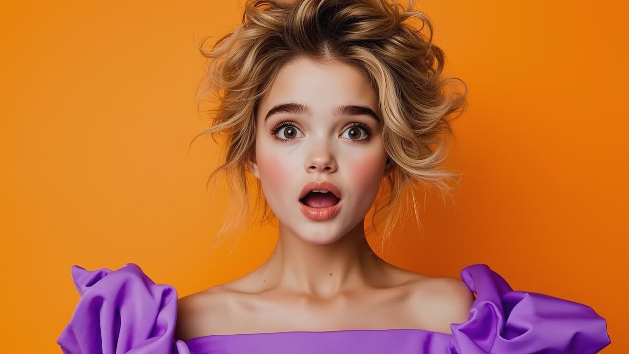 A woman in a purple dress with a surprised look on her face