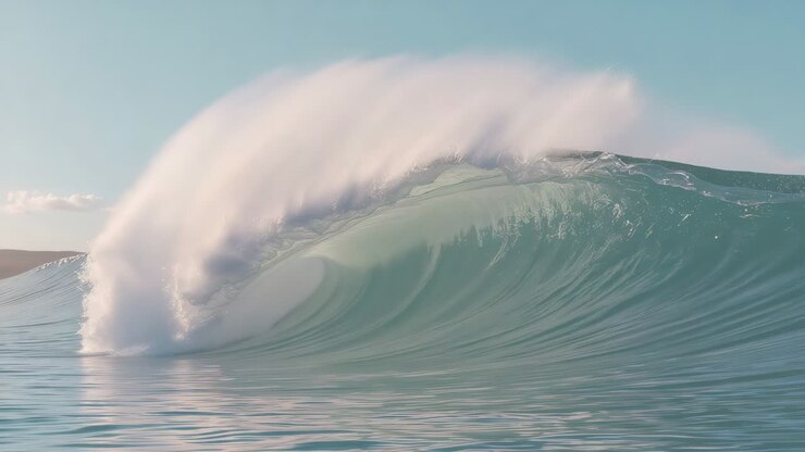 Curling single breaking ocean wave from left swell, forming translucent turquoise barrel with foam