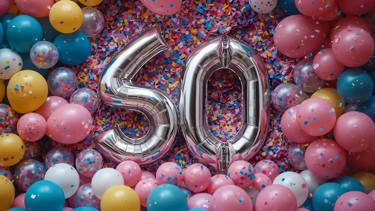 Panning camera revealing silver '50' balloons on confetti with bright latex balloons marking 50th
