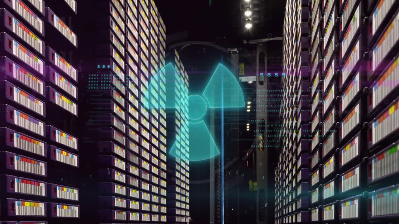 Animation of nuclear symbol over data processing and server room