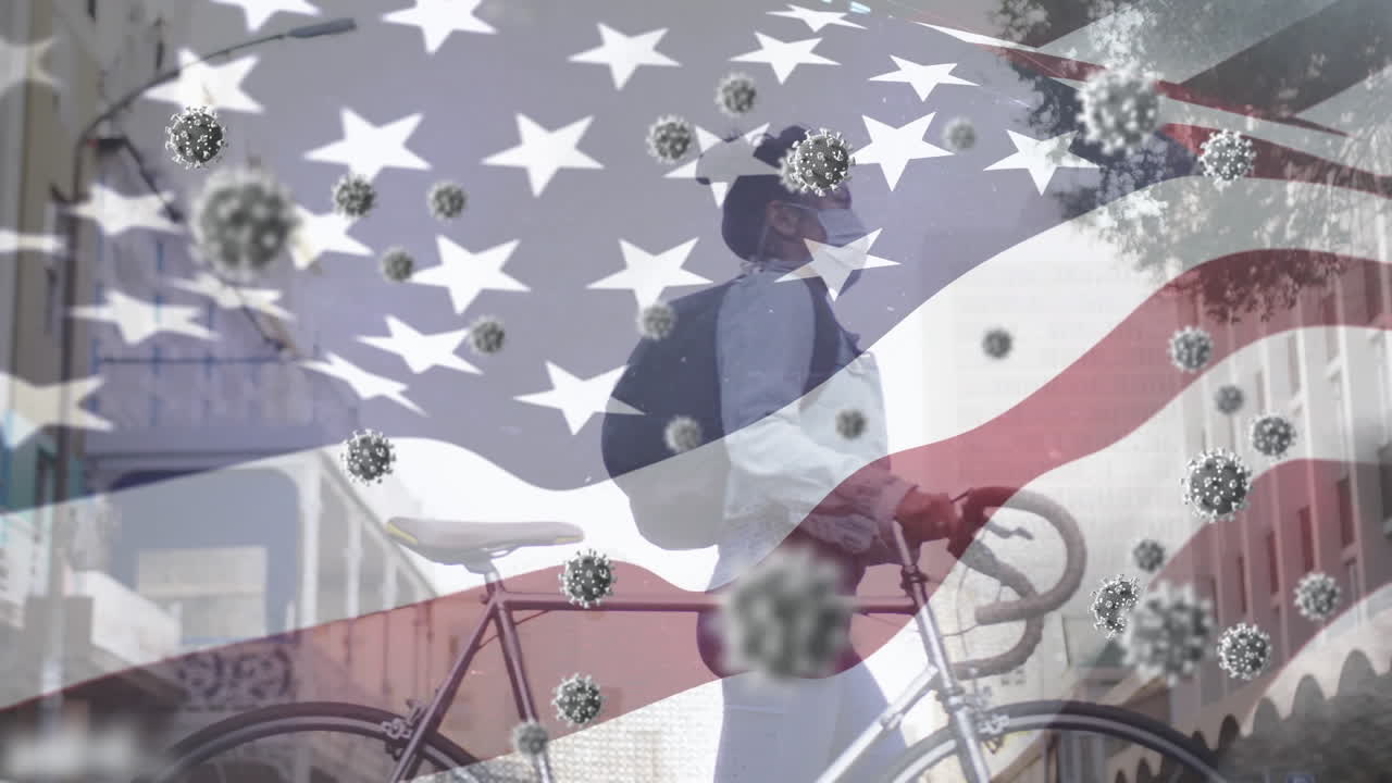 코로나19 세포와 마스크를 쓴 여성이 우리에게  ⁇ 발을 흔들고 있습니다.