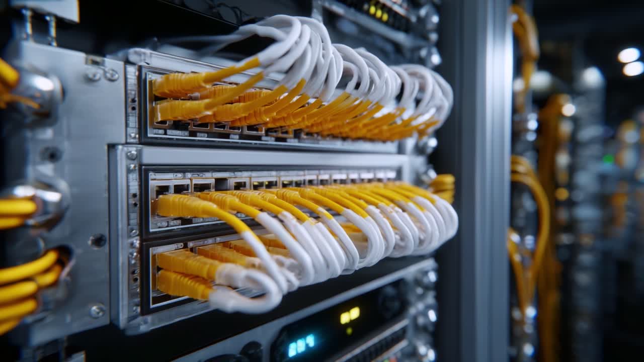 Apparecchiature di rete high-tech dotate di cavi Ethernet gialli che collegano più porte per la trasmissione di dati in un moderno ambiente di server room