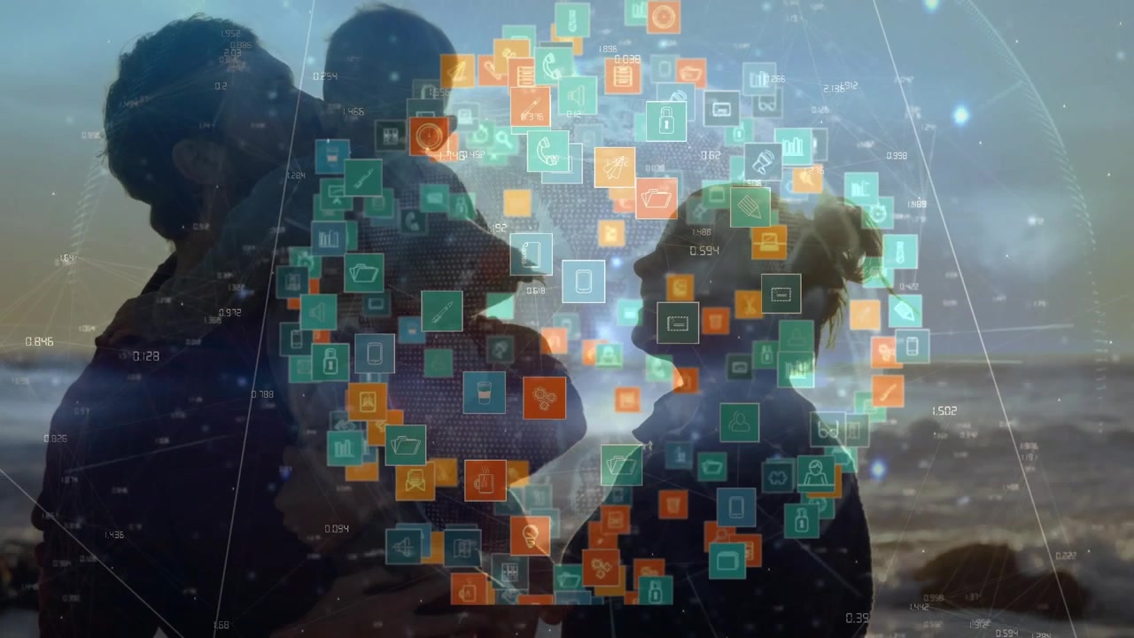 Father lifting baby toward mother, centering child while rotating data sphere revealing silhouettes