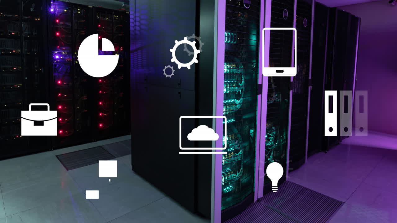animación de iconos digitales y procesamiento de datos a través de servidores informáticos
