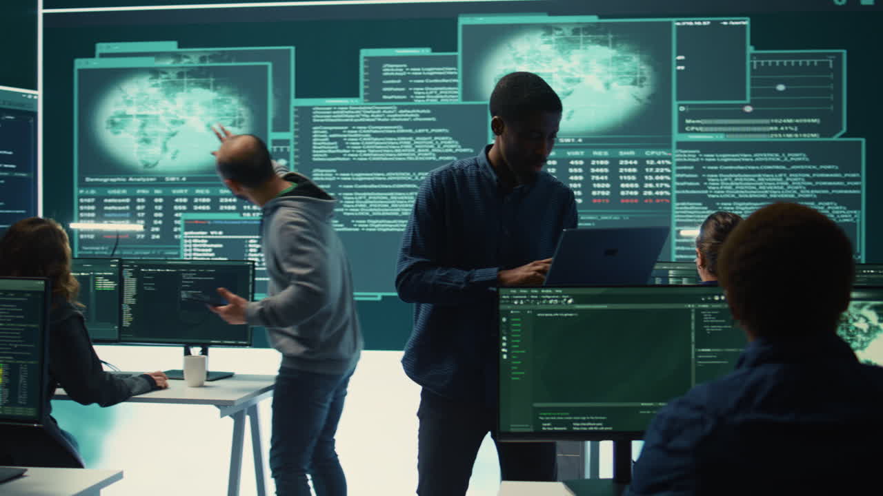 Cyber investigation team working in a governmental hacking room