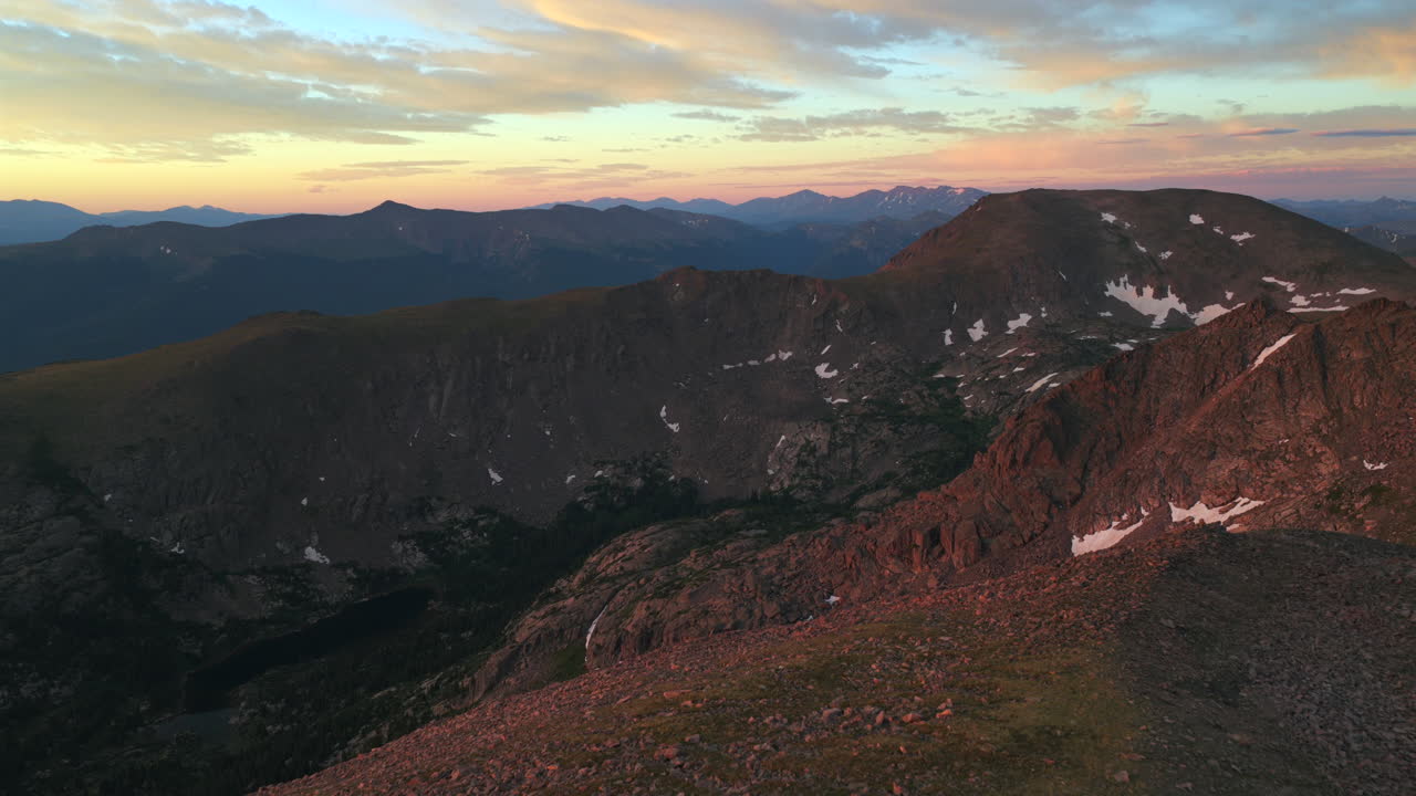 Halo Ridge dusk golden hour sunset Tuhare Lakes Constantine Lake Falls Creek Notch Mountain spring summer aerial drone Colorado Mount of the Holy Cross Wilderness Sawatch Range Rocky Mountains forward
