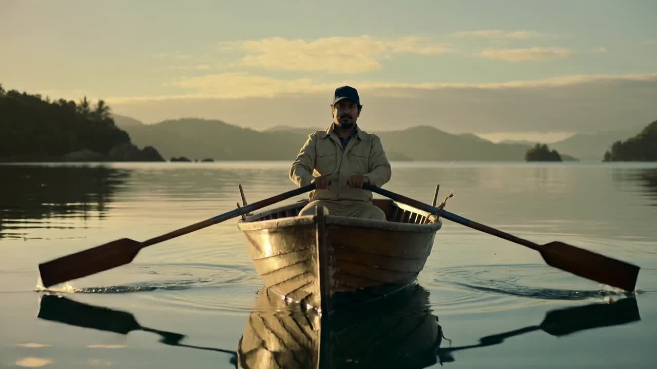 Man planting oars, rowing on calm lake at golden-hour, propelling boat toward camera for travel