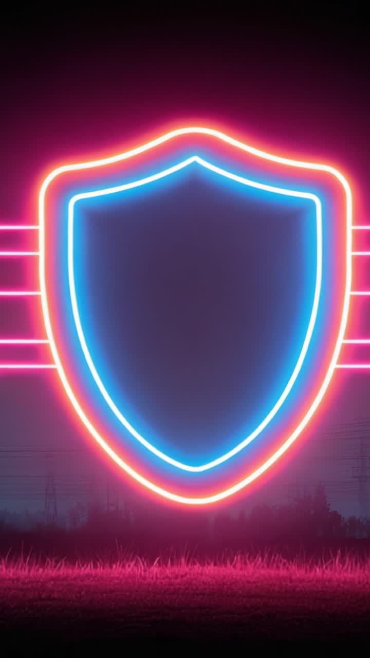 A Captivating Neon Shield Design Against a Dark Background, Symbolizing Protection and Security with Vibrant Blue and Pink Lights in a Modern Aesthetic