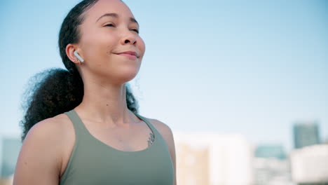 fitness, relax or woman runner in city listening