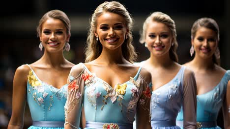 beauty pageant contestants pose together in elegant gowns during the event