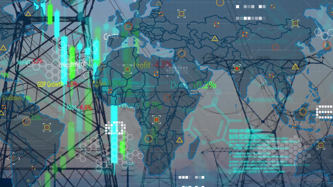 Animation of financial data processing with world map over electricity pylons