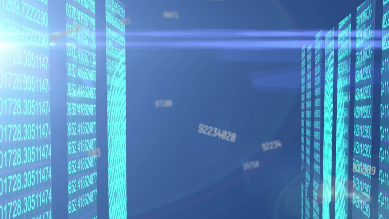 animación de números que cambian con huellas dactilares biométricas en la sala de tecnología con servidores informáticos