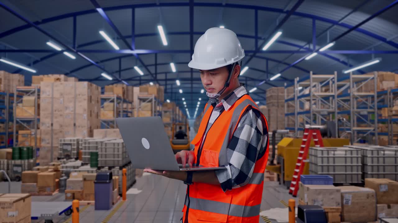 Vista laterale di un ingegnere uomo asiatico con elmetto di sicurezza che lavora su un laptop mentre è in piedi in un ampio magazzino con file di scaffali.