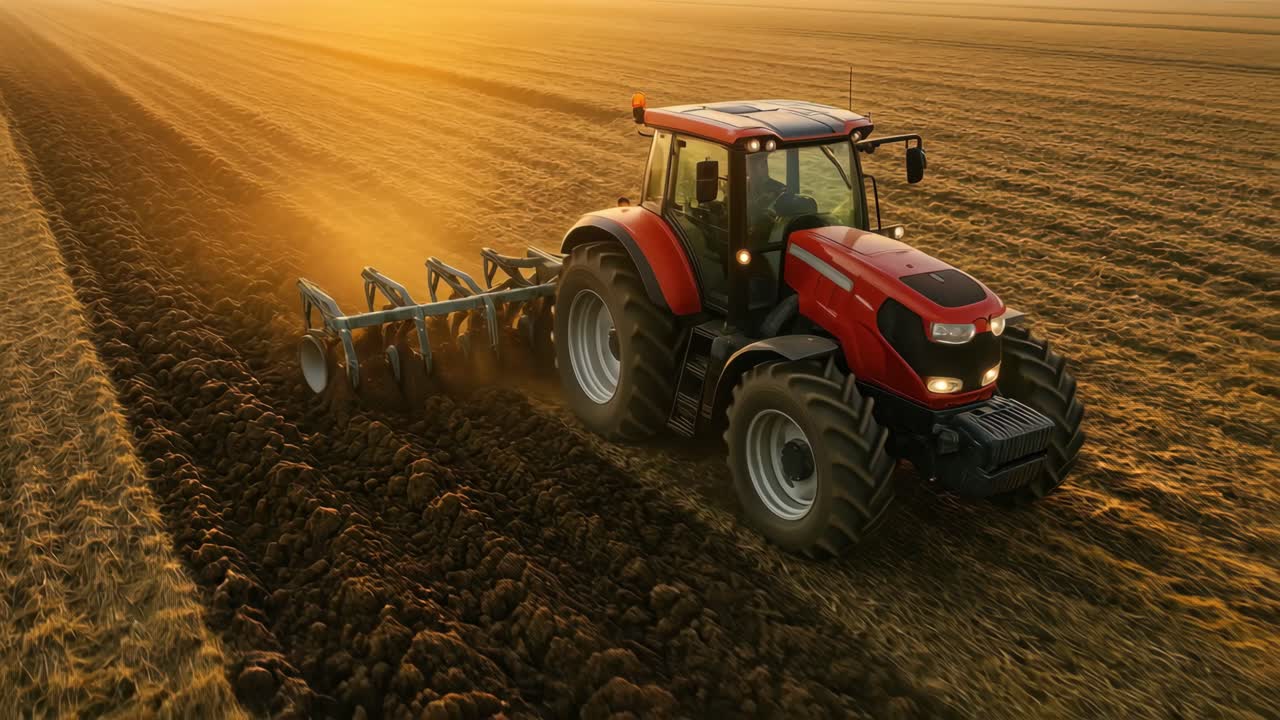 Vista aerea di un trattore rosso che ara un campo al tramonto, catturando l'essenza dell'agricoltura