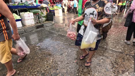 a person navigates a cart through a busy market.