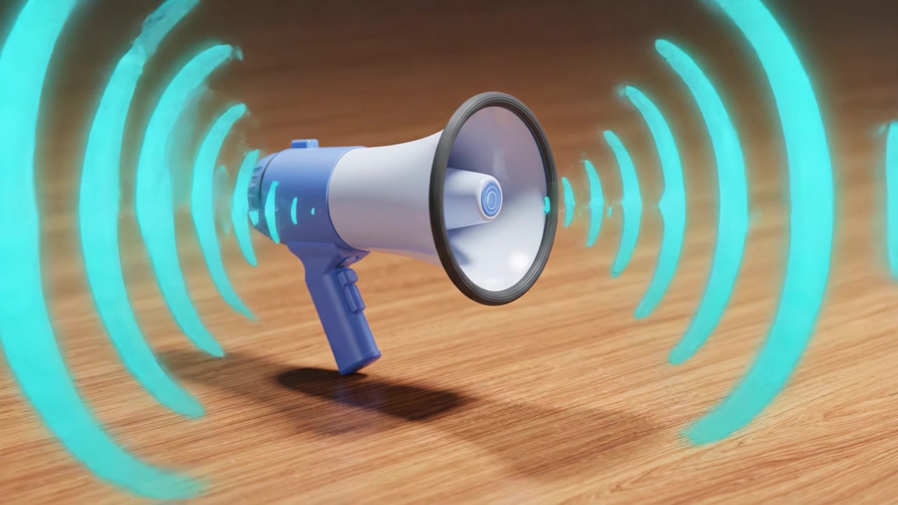 Un megafono renderizzato in 3D posizionato su una superficie di legno, che ne mostra il design e l'illuminazione naturale, catturando l'essenza della comunicazione e degli annunci.