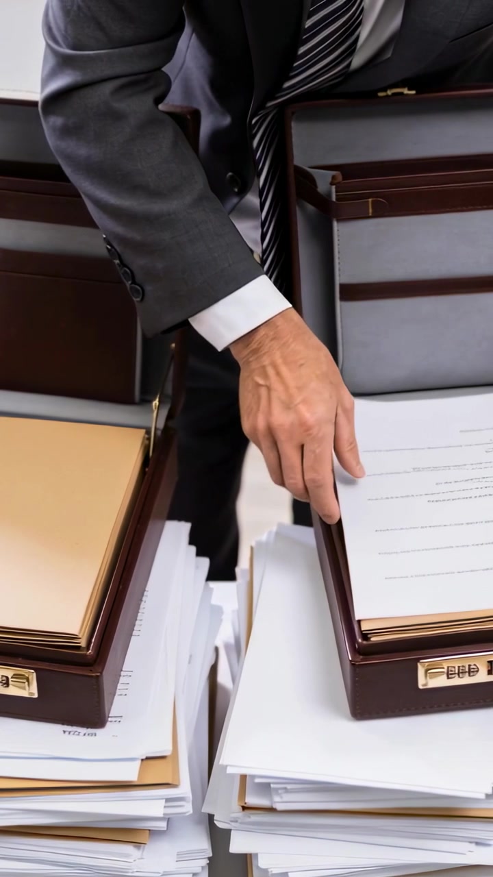 Vertical video: Reaching into left briefcase at desk, exec in suit and tie sorting folders to pack