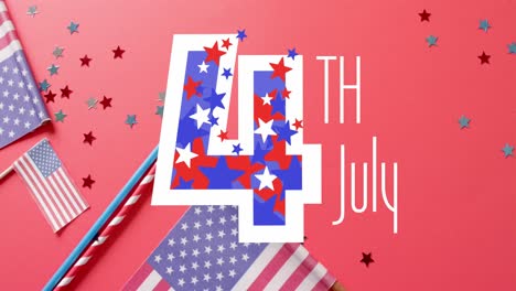 animación del 4 de julio texto sobre las banderas de los estados unidos de américa sobre fondo rojo
