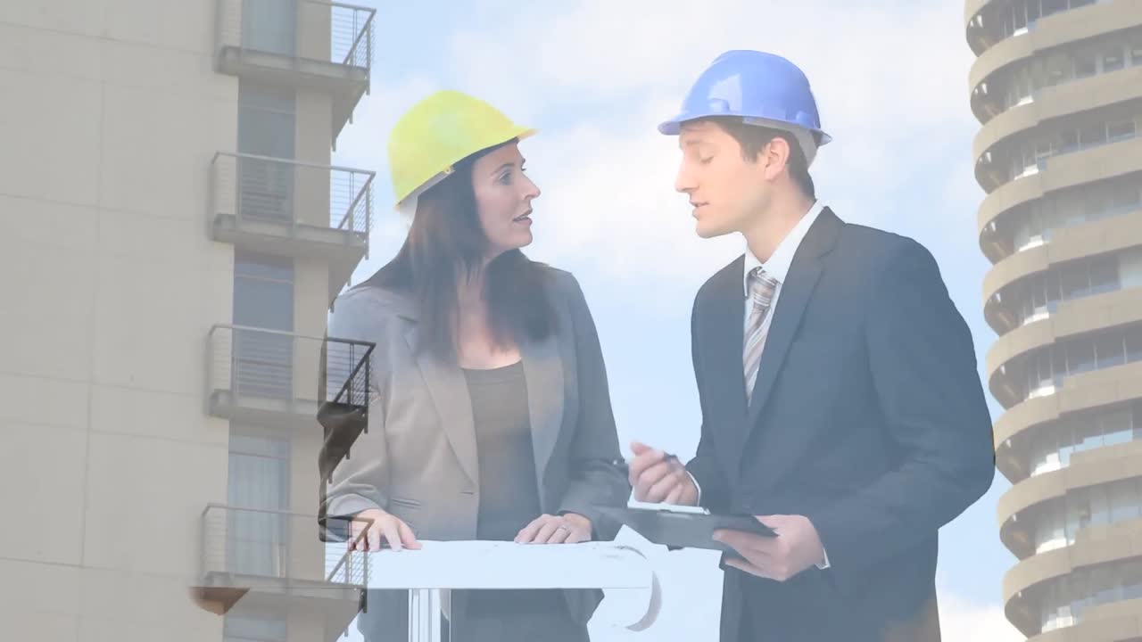 animación del paisaje urbano sobre personas de negocios hablando en la oficina