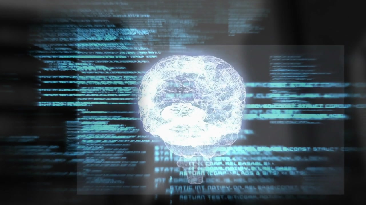 3D brain materializing in UI panel while rotating and code streams pulsing and visualizing data