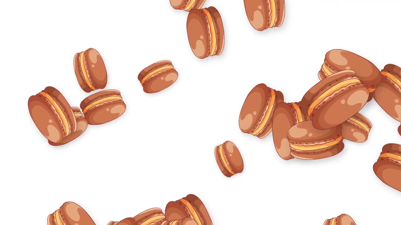 Macarons al cioccolato animati cadono e rimbalzano su uno sfondo bianco in un'animazione giocosa.
