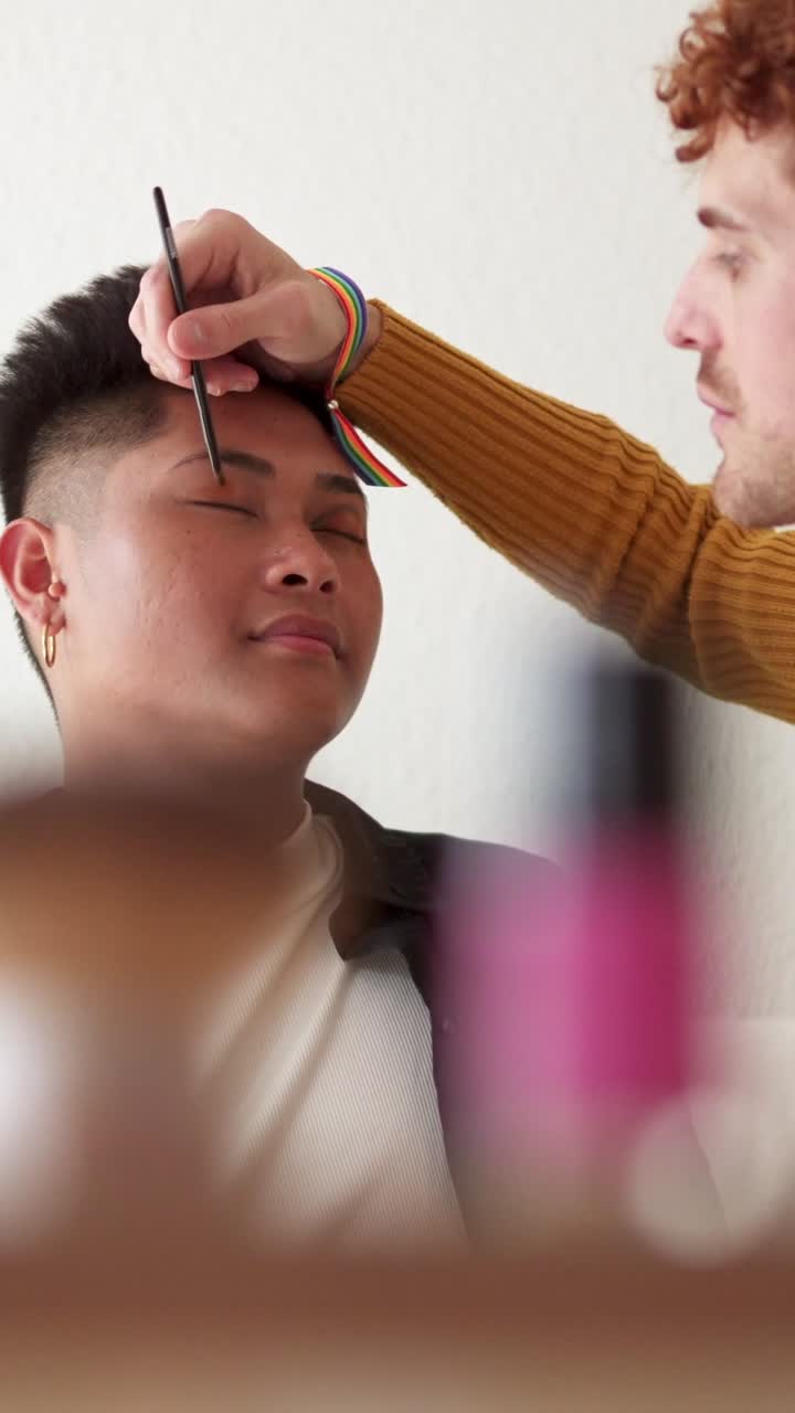 Person applying makeup to another person's eye