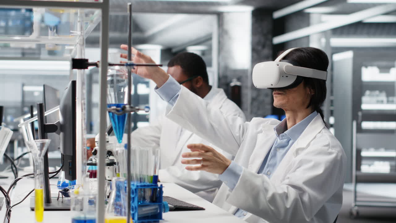Vertical video Lab specialist wearing VR headset equipment using chemical fluids