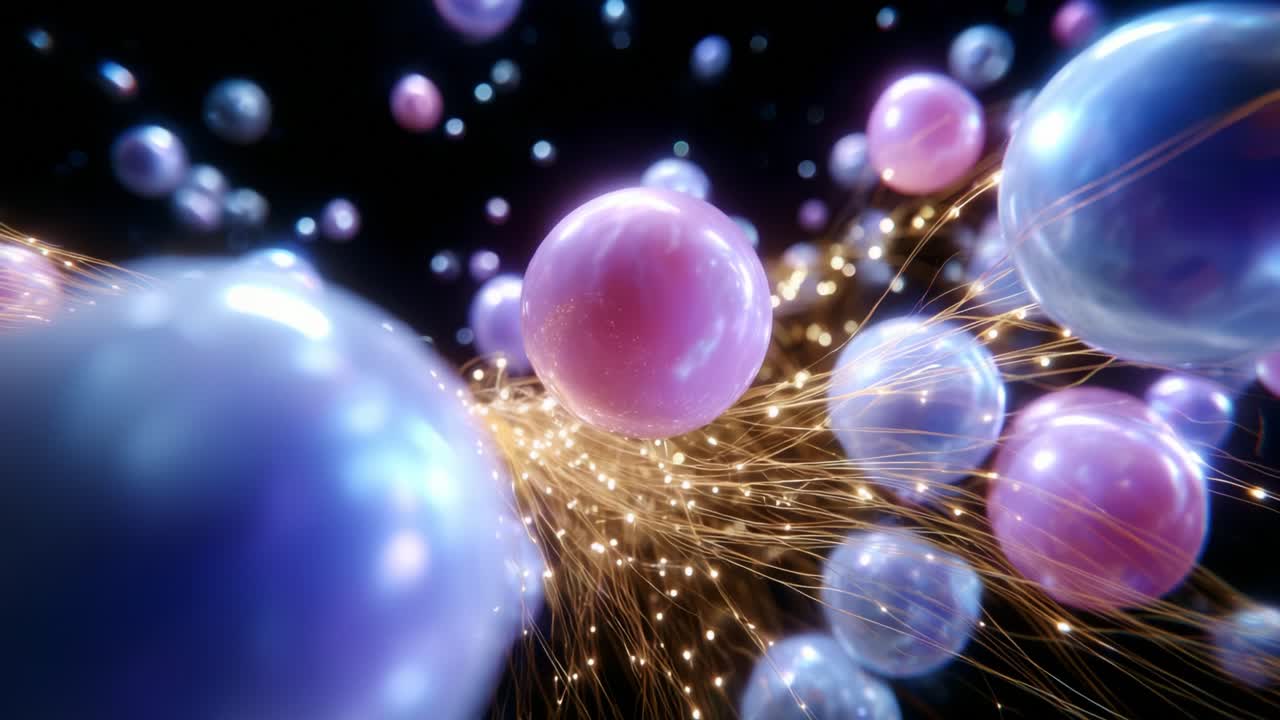 A mesmerizing capture of vibrant spheres floating in a dark space, intertwined with golden light strands that create a captivating visual experience, evoking thoughts of quantum realms and cosmic beauty