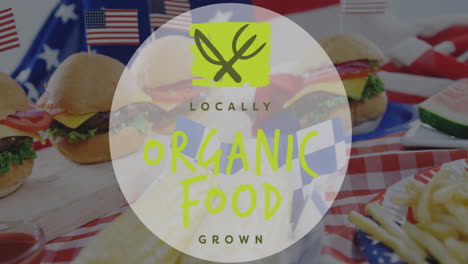 animación de alimentos orgánicos cultivados localmente sobre hamburguesas, papas fritas y banderas estadounidenses