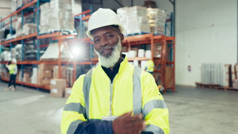 Warehouse,-face-and-black-man-arms-crossed