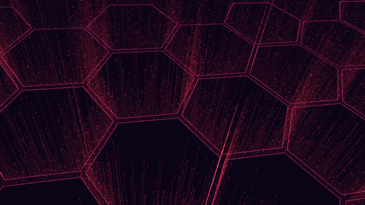 Futuristic hexagons pattern with motion small neon glitters