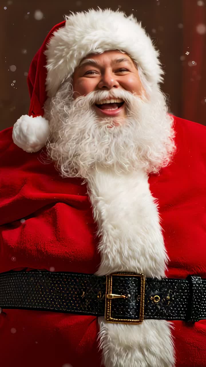 Vídeo vertical: Papai Noel rindo e mudando para um olhar calmo enquanto a câmera gira no estúdio, de chapéu vermelho