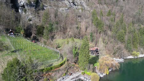 Drone-clip-showing-remote-wooden-lakeside-hut-in-Swiss-Alps,-surrounded-by-trees