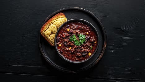 hearty bowl of chili with cornbread on wooden plate