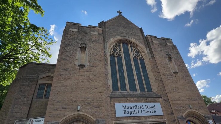 View of Mansfield Road Baptist Church in Nottingham, Nottinghamshire, England, featuring historic church architecture and a notable religious landmark.