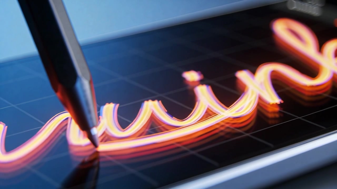 Contacting phone screen, metal stylus tip drawing glowing cursive stroke, creating neon 3D layers