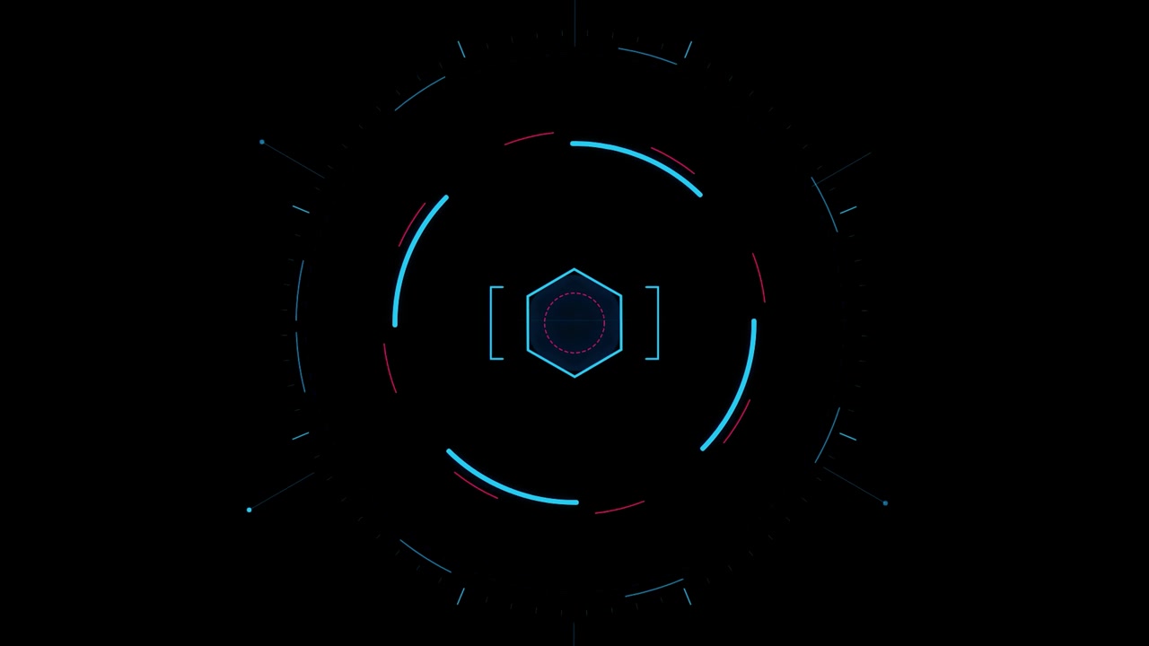 Futuristic Digital HUD Interface with Rotating Hexagon and Circular Elements