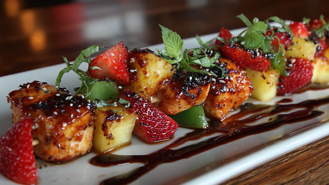 Un arreglo colorido y sabroso de brochetas de pollo a la parrilla con frutas frescas y un glaseado rico, perfectamente decorado para una experiencia culinaria atractiva.