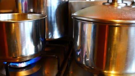 silver pots cooking christmas food on hot gas stove in family kitchen preparing dinner close up left dolly