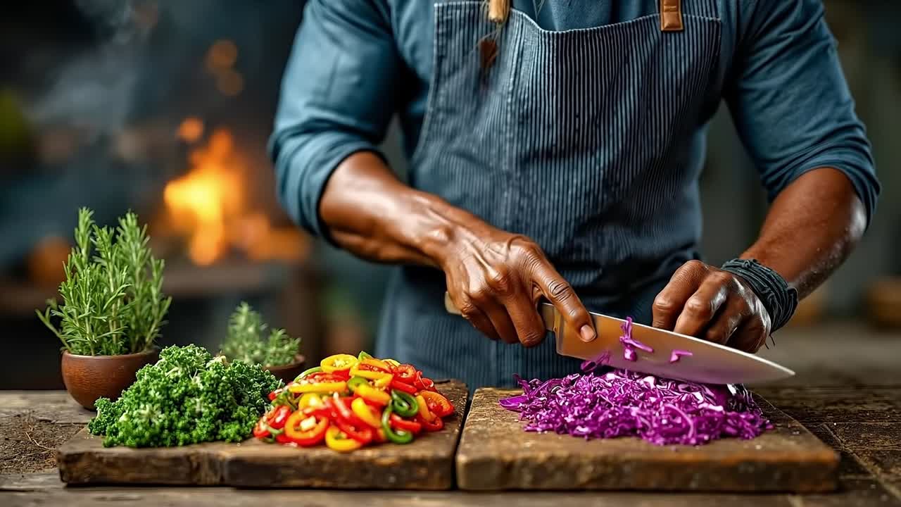 A man in an apron cutting up vegetables on a cutting board