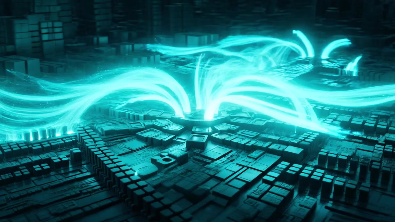 Digital Data Flow Across a Futuristic Circuit Board