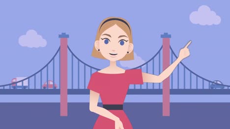 Animation-of-caucasian-businesswoman-making-presentation-over-bridge