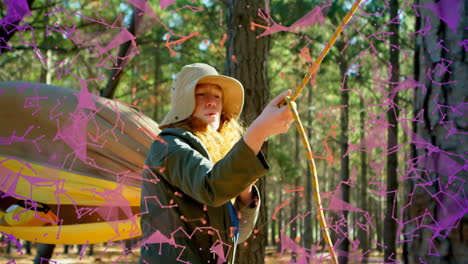 person holding rope in forest with colorful geometric animation overlay