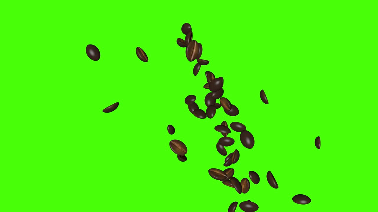 커피 콩이 떨어지는 3d 애니메이션, 녹색 화면 크로마 키