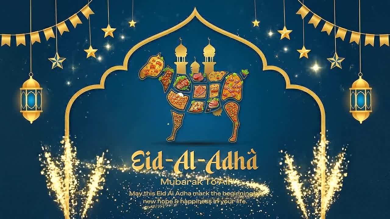 Grafica per banner animato di auguri Eid al-Adha con cammello decorativo, lanterne, stelle e cornice ad arco islamico.